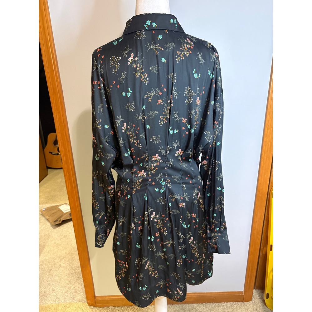Exquise Anthropologie Floral Shirt Dress Black Satin Pleated Mini Pockets Size M - Picture 6 of 12